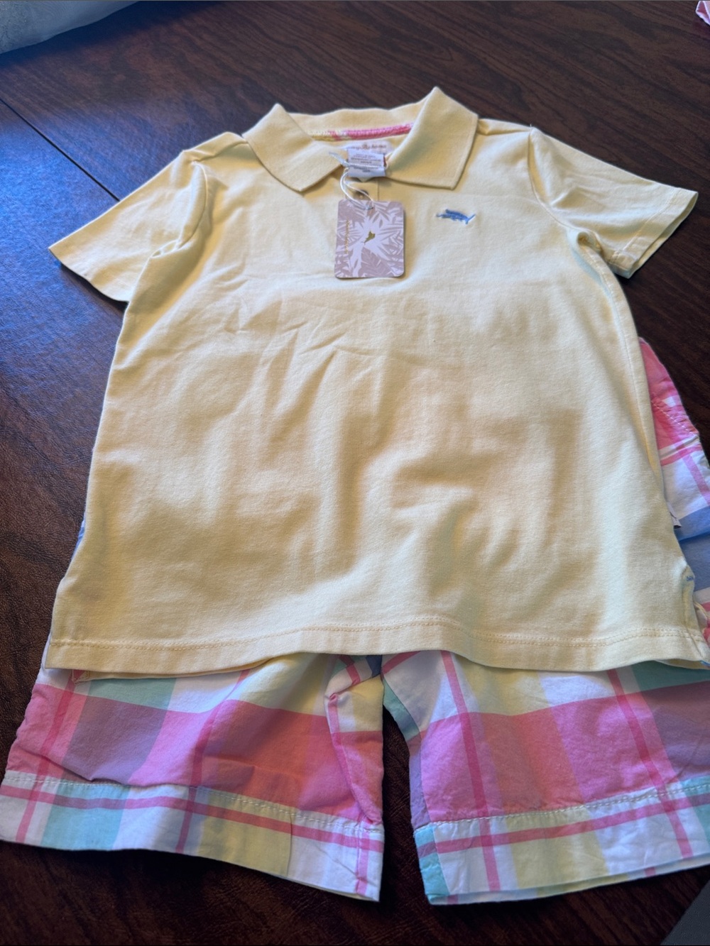 Tommy Bahama Yellow Polo with Light Blue Logo With Plaid Shorts